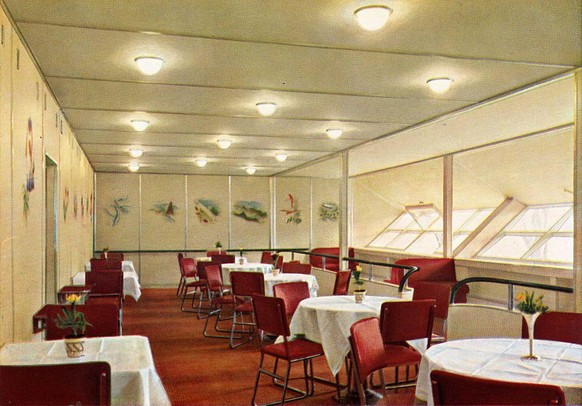 Die Innenausstattung des Hindenburg-Zeppelins. Der Zeppelin galt lange Zeit als Zukunft des interkontinentalen Personenverkehrs.