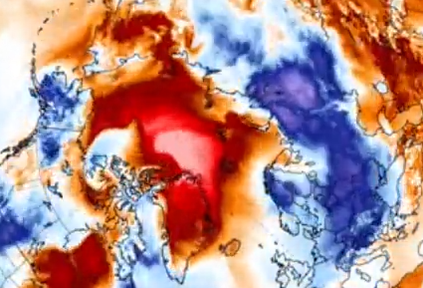 Die Karte zeigt die Klima-Anomalien. Über Europa (blaue Fläche, unten) ist es zu kalt, während die Arktis (rot) schon sommerliche Temperaturen erlebt.&nbsp;