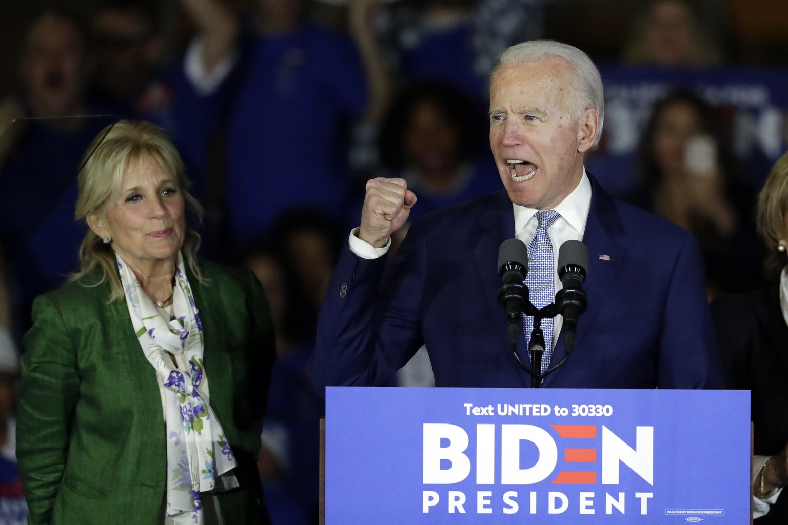Democratic presidential candidate former Vice President Joe Biden, accompanied by his wife Jill Biden, speaks at a primary election night campaign rally Tuesday, March 3, 2020, in Los Angeles. (AP Pho ...