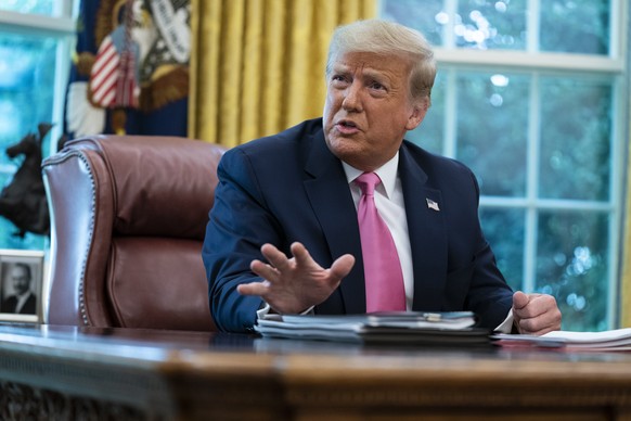 President Donald Trump speaks during a meeting with Senate Majority Leader Mitch McConnell of Ky., and House Minority Leader Kevin McCarthy of Calif., in the Oval Office of the White House, Monday, Ju ...