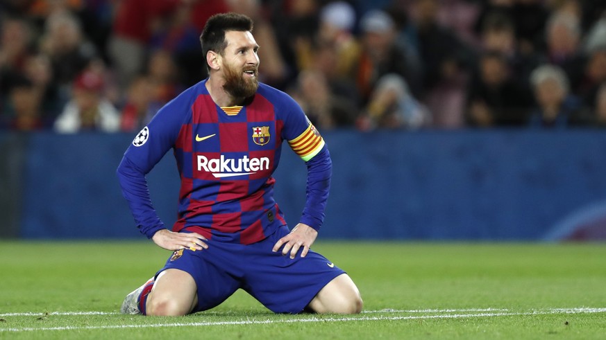 FILE - In this Nov. 5, 2019 file photo, Barcelona&#039;s Lionel Messi reacts during a Champions League Group F soccer match against Slavia Praha at Camp Nou stadium in Barcelona, Spain. Lionel Messi h ...