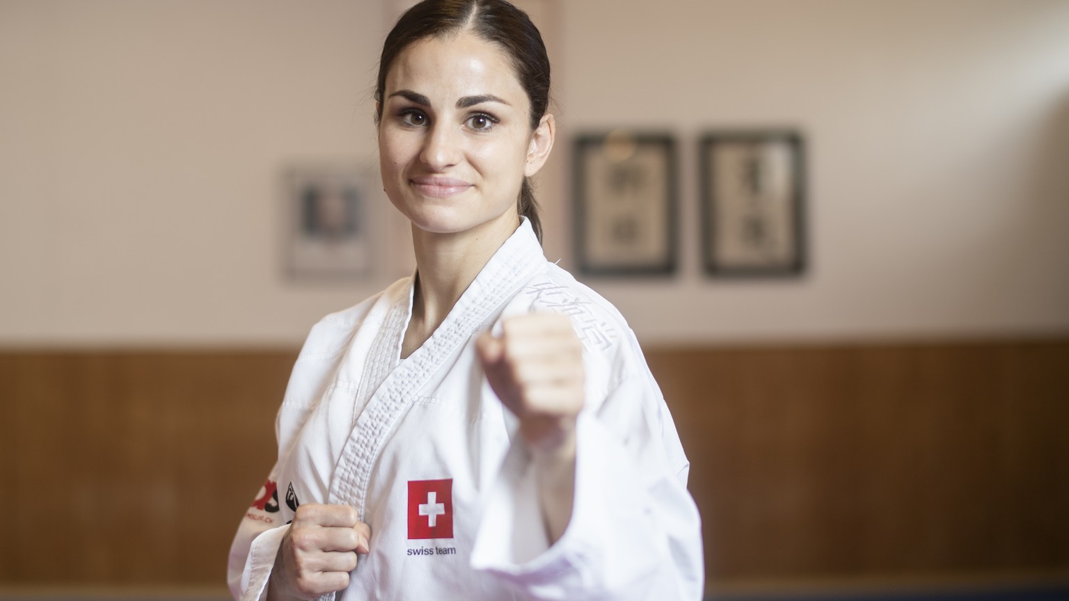Die Schweizer Karateka Elena Quirici posiert waehrend ihrem Training fuer die Olypmischen Spiele in Tokyo im Fitnesscenter in Windisch, aufgenommen am Freitag, 9. Juli 2021. (KEYSTONE/Ennio Leanza).