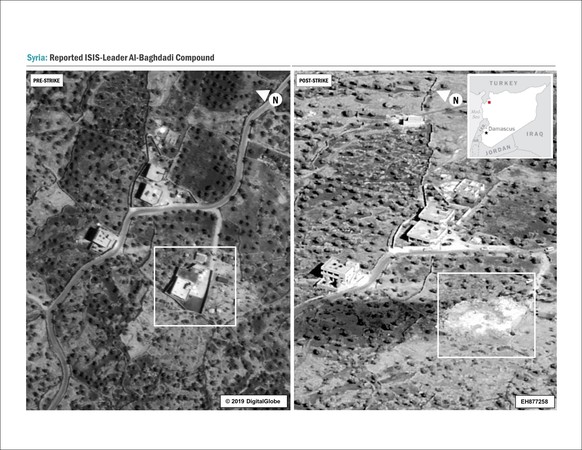 epa07961155 A screengrab from a handout military drone video made available by the US Defense Video and Imagery Distribution System (DVIDS) shows a side-by-side comparison of the compound of ISIS Lead ...