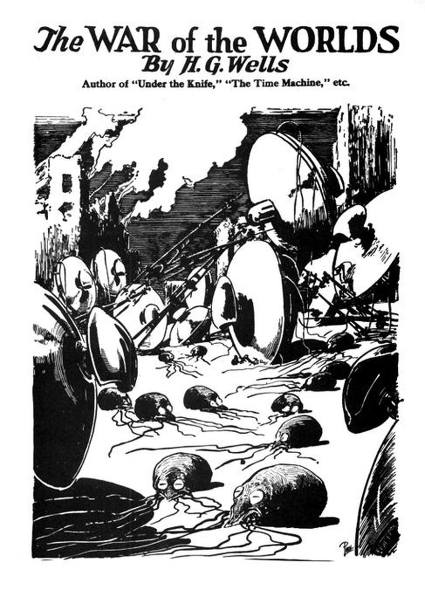 Titelblatt von «Krieg der Welten» von H.G. Wells. Title page, 1927 Amazing Stories reprint.