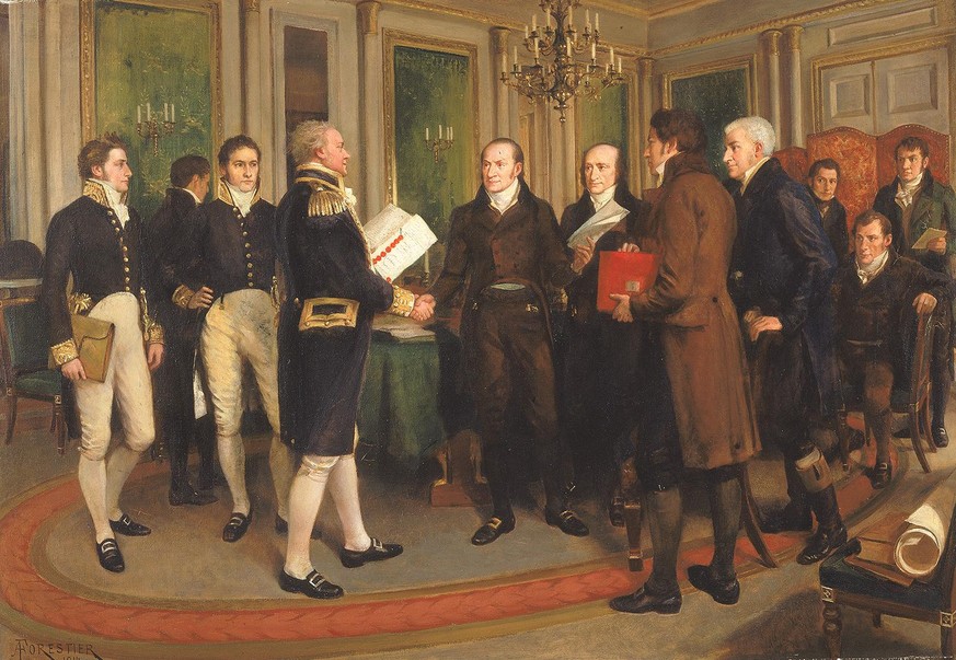 Die Unterzeichnung des Vertrags von Gent im Dezember 1814. Albert Gallatin ist in der Mitte abgebildet (6. von rechts). 
https://americanart.si.edu/artwork/signing-treaty-ghent-christmas-eve-1814-8473