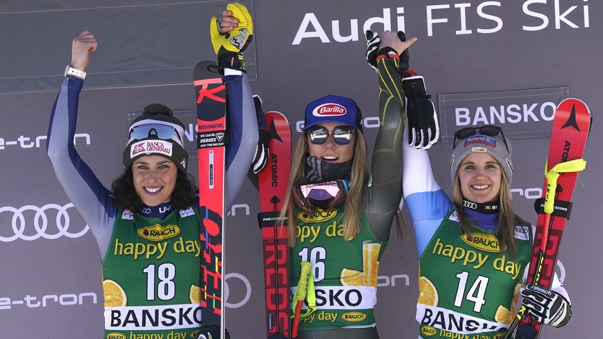 From left, second place Italy&#039;s Federica Brignone, winner United States&#039; Mikaela Shiffrin and third place Switzerland&#039;s Joana Haehlen celebrate on the podium after an alpine ski, women& ...