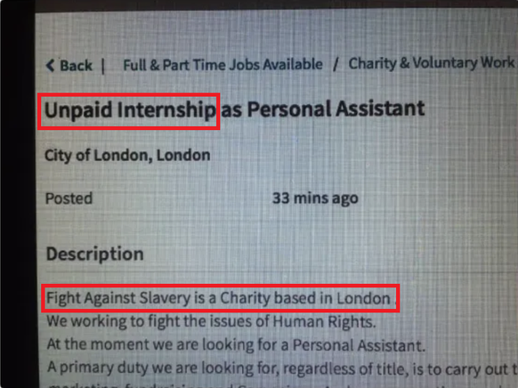 Markierte Stellen: «Unbezahltes Praktikum [...] Kampf gegen die Sklaverei ist eine gemeinnützige Organisation in London. »