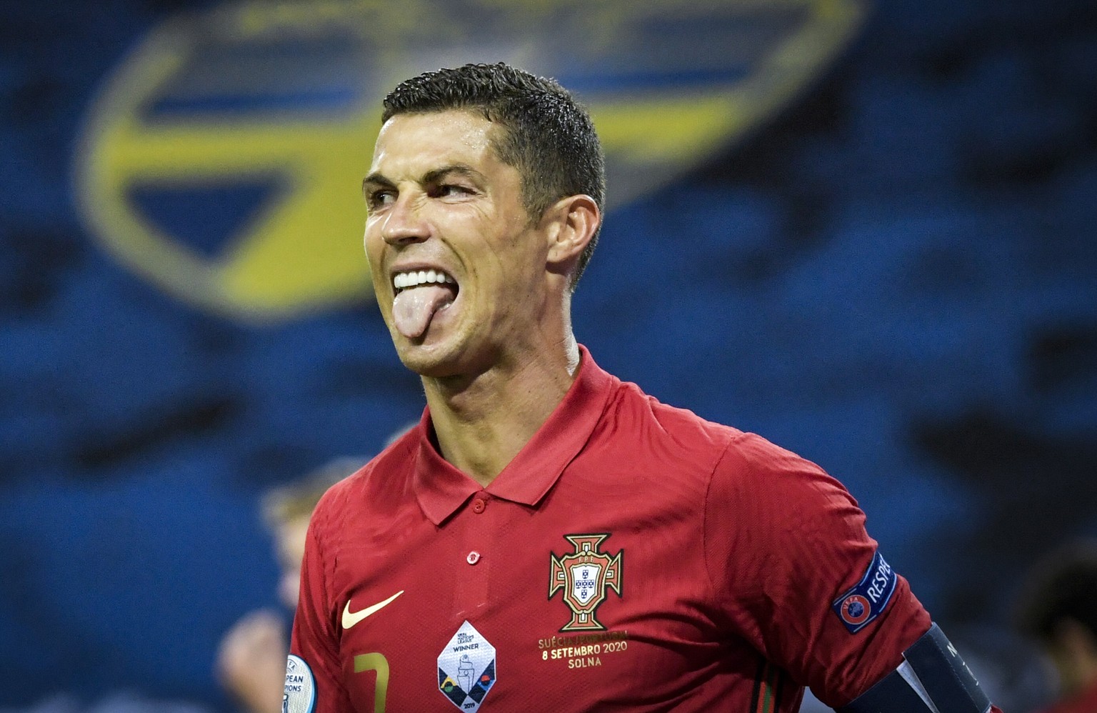 epa08655403 Portugals Cristiano Ronaldo reacts during the UEFA Nations League, division A, group 3 soccer game betwween Sweden and Portugal at Friends Arena in Stockholm, Sweden, 08 September 2020. EP ...