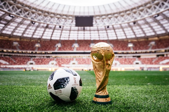 epa06320038 A handout photo made available by Adidas of the official match ball for the FIFA World Cup 2018 in Russia, named &#039;Telstar 18&#039;, and the FIFA World Cup trophy on the pitch of the L ...
