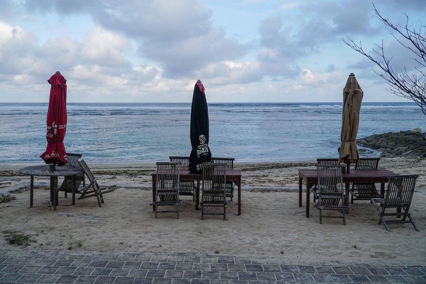 August 12, 2020, Badung, Bali, Indonesia: Closed restaurant terraces in Pandawa Beach during the coronavirus crisis..Major tourism spots in Indonesia s resort island of Bali are still closed despite t ...