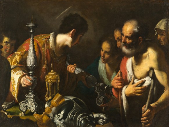 Der heilige Laurentius verteilt die Schätze der Kirche an die Armen. Gemälde von Bernardo Strozzi.
