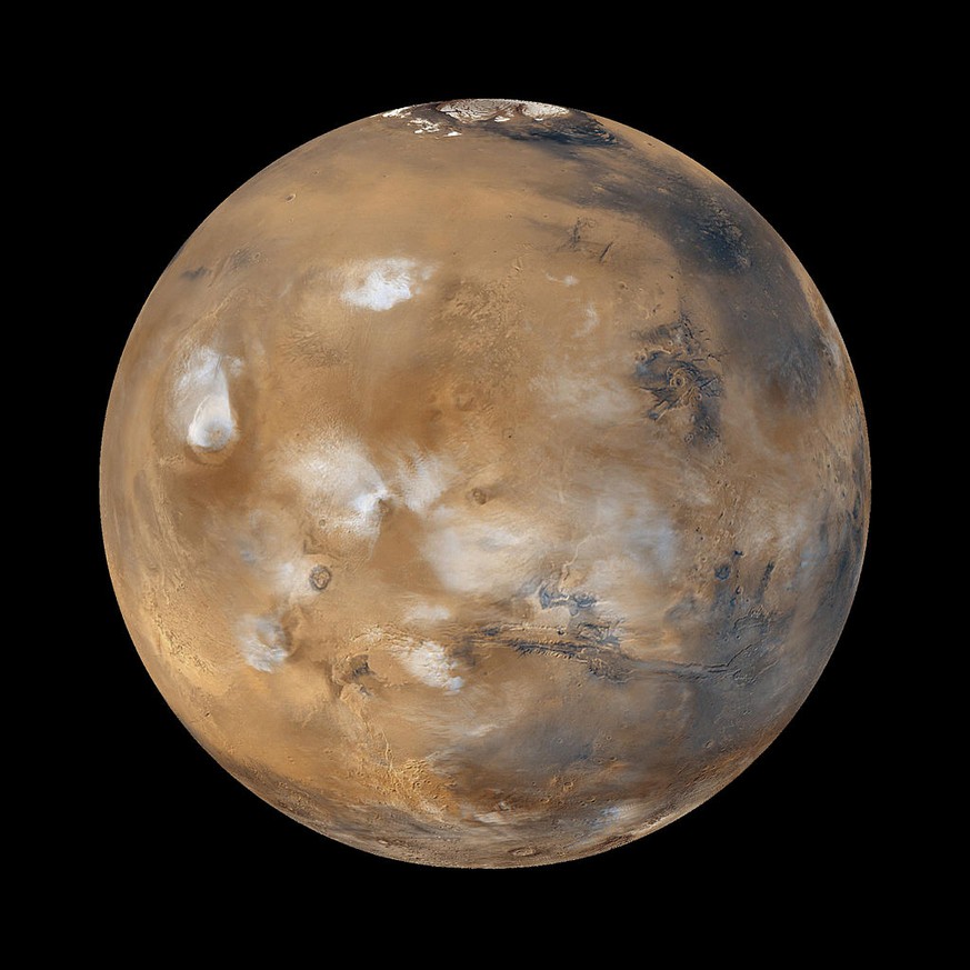 Mars, der Rote Planet
https://de.wikipedia.org/wiki/Mars_(Planet)#/media/File:Water_ice_clouds_hanging_above_Tharsis_PIA02653_black_background.jpg