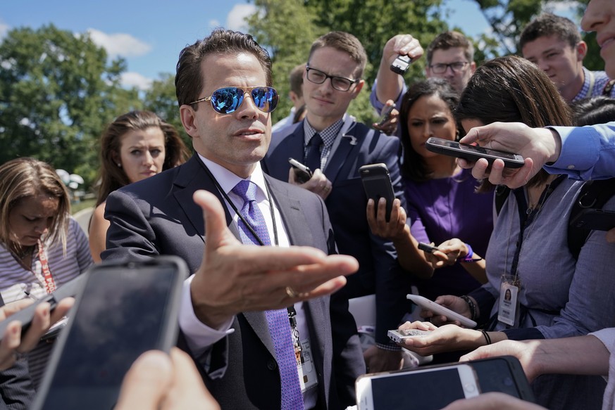 FILE - In this July 25, 2017 file photo, White House communications director Anthony Scaramucci speaks to members of the media at the White House in Washington. Scaramucci went after chief of staff Re ...