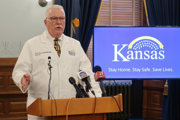 Dr. Lee Norman, the Kansas Department of Health and Environment&#039;s top administrator, answers questions about the coronavirus pandemic during a news conference Friday, May 29, 2020, at the Stateho ...