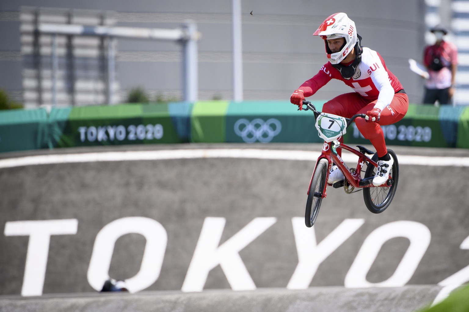 epa09375411 David Graf of Switzerland competes during the men&#039;s cycling BMX Racing quarterfinals at the 2020 Tokyo Summer Olympics at the Ariake Urban Sports Park in Tokyo, Japan, 29 July 2021. E ...