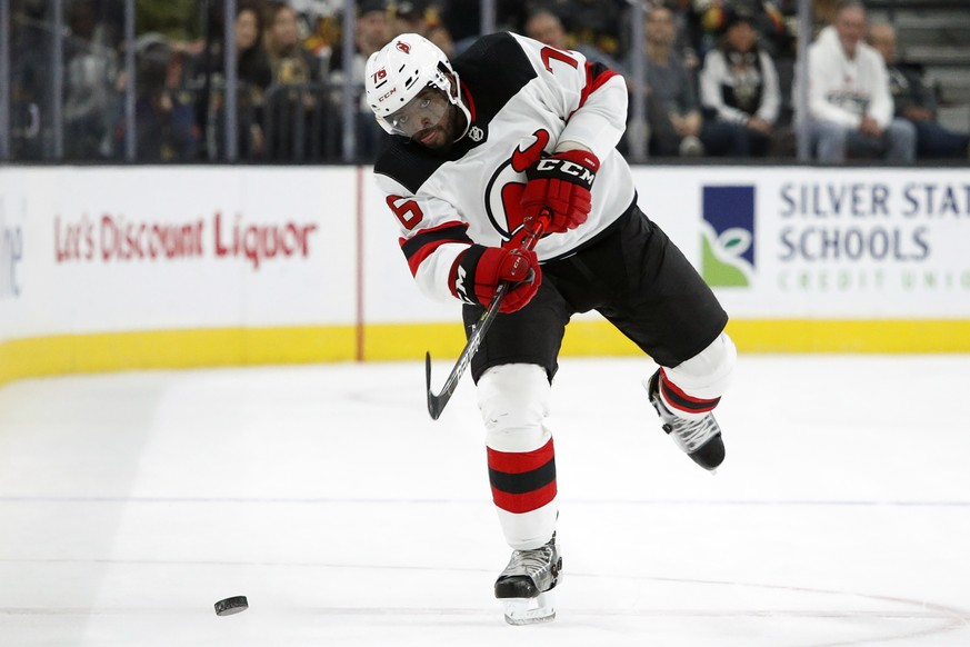 FILE - In this March 3, 2020, file photo, New Jersey Devils defenseman P.K. Subban (76) plays against the Vegas Golden Knights during an NHL hockey game in Las Vegas. Subban and the NHL are bringing s ...