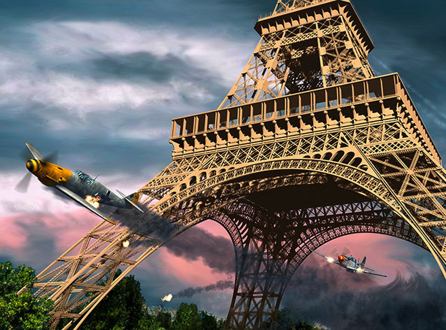 William Overstreet jr. fliegt 1944 seine P51 Mustang unter dem Eiffelturm hindurch. Künstlerische Darstellung von Len Krenzler/Action Art.
http://www.actionart.ca/