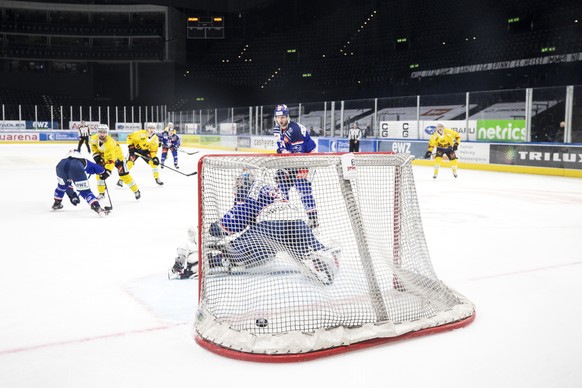 Das Tor zum 1-4 im Eishockey Spiel der National League zwischen den ZSC Lions und dem SC Bern, am Donnerstag, 4. Februar 2021, im Hallenstadion in Zuerich. (KEYSTONE/Alexandra Wey)