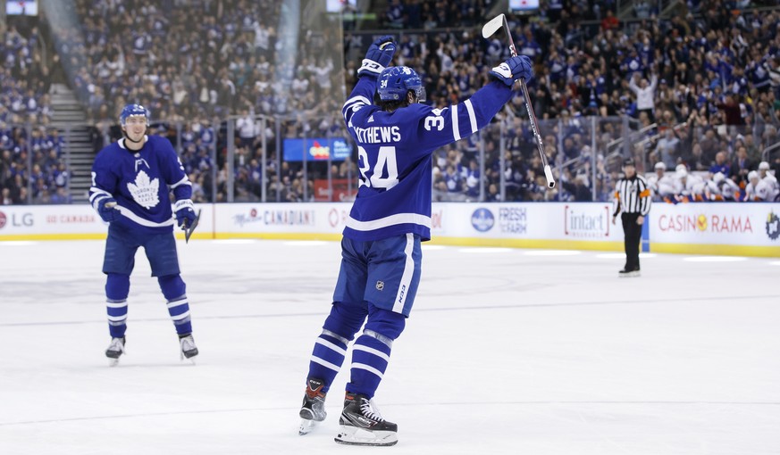 Toronto Maple Leafs centre Auston Matthews (34) celebrates his goal during the second period of an NHL hockey game against the New York Islanders, Saturday, Jan. 4, 2020, in Toronto. (Cole Burston/The ...