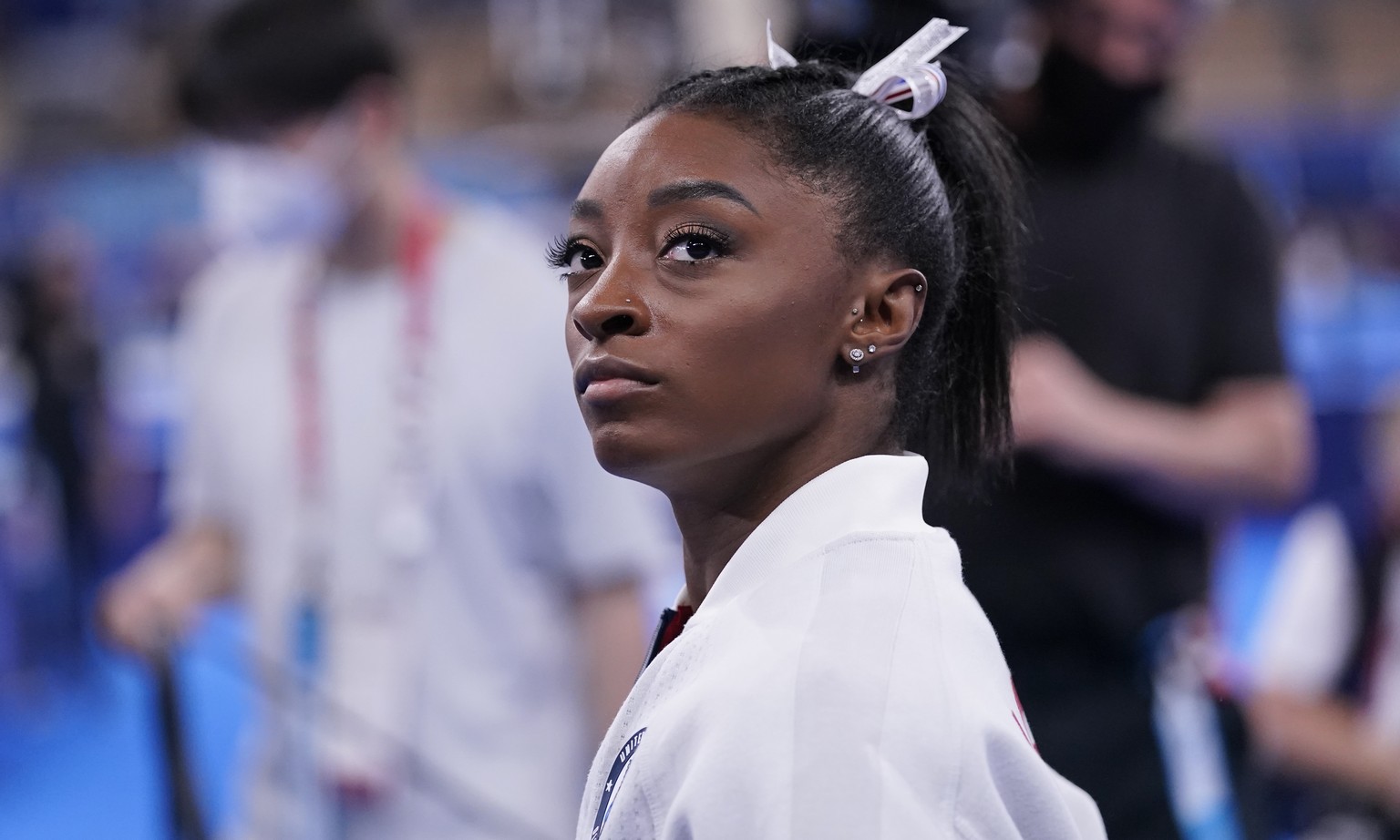 Simone Biles, of the United States, waits for her turn to perform during the artistic gymnastics women&#039;s final at the 2020 Summer Olympics, Tuesday, July 27, 2021, in Tokyo. (AP Photo/Gregory Bul ...
