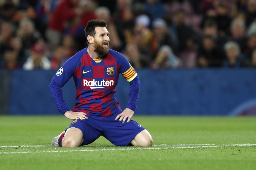 FILE - In this Nov. 5, 2019 file photo, Barcelona&#039;s Lionel Messi reacts during a Champions League Group F soccer match against Slavia Praha at Camp Nou stadium in Barcelona, Spain. Lionel Messi h ...