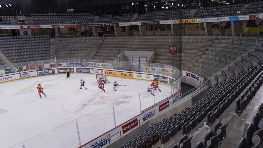 An eerie atmosphere in the almost empty stadium during the Swiss National League ice hockey match between EHC Bieland ZSC Lions, Friday, February 28, 2020 in the Tissot Arena in Biel, Switzerland. As  ...