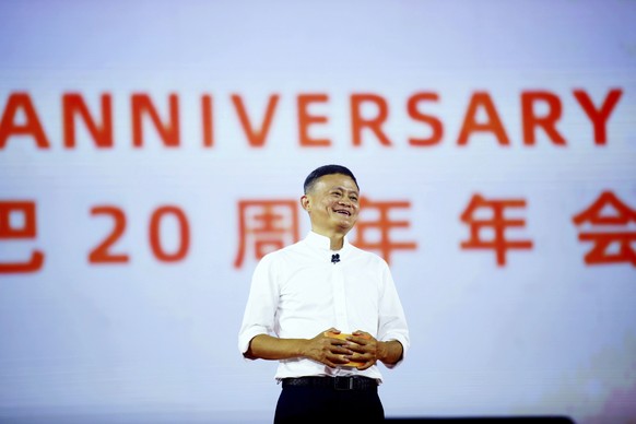 FILE - In this Sept. 10, 2019 file photo, Jack Ma, founder of the Alibaba Group, speaks at the company&#039;s 20th-anniversary celebration in Hangzhou in eastern China&#039;s Zhejiang province. A surv ...