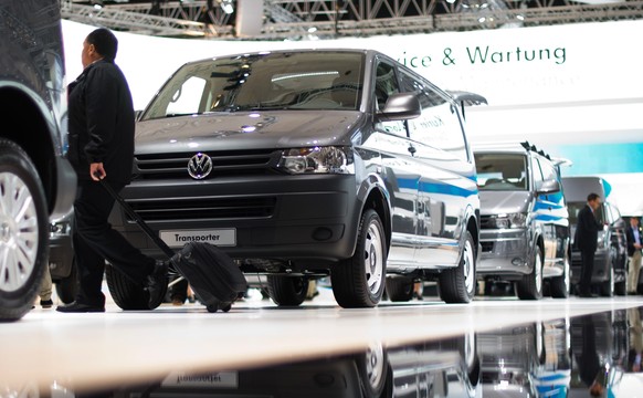 T5 transporter of German car manufacturer VW are displayed on September 23, 2014 in Hanover, central Germany during the preview day of the 65th IAA Commercial Vehicles 2014 fair. The fair runs from Se ...