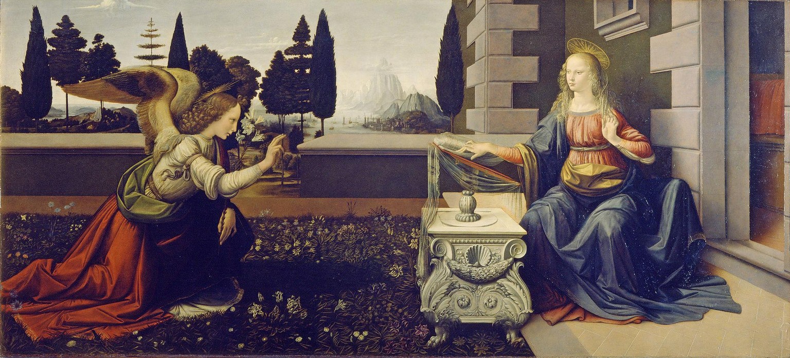Das im Lukasevangelium geschilderte Ereignis der Verkündigung durch den Engel Gabriel, dass die Jungfrau Maria den Sohn Gottes vom Heiligen Geist empfangen und ihn gebären werde. Gemalt von Leonardo d ...