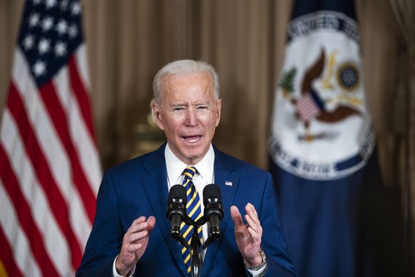 epaselect epa08987636 US President Joe Biden makes a foreign policy speech at the State Department in Washington, DC, USA, 04 February 2021. Biden announced that he is ending US support for the Saudi? ...