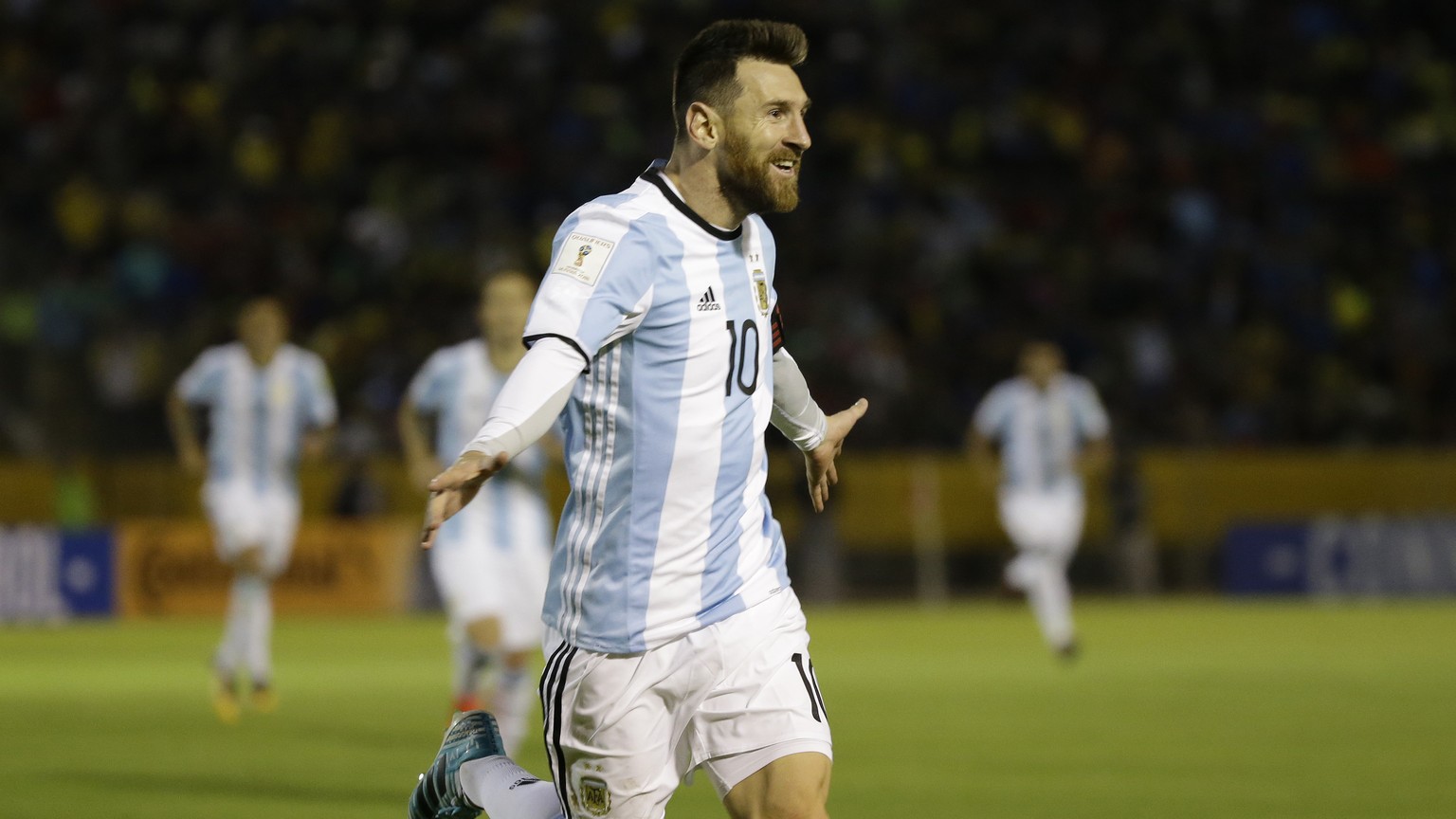 Argentina&#039;s Lionel Messi celebrates after scoring his third goal against Ecuador during their 2018 World Cup qualifying soccer match at the Atahualpa Olympic Stadium in Quito, Ecuador, Tuesday, O ...
