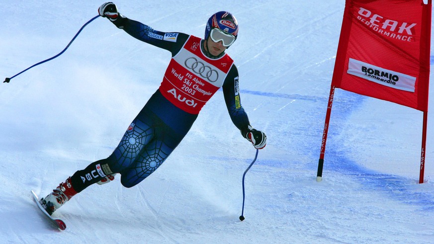 Bode Miller of the United States makes a turn on one ski during the Downhill portion of the Men&#039;s Combined at the World Alpine Ski Championships in Bormio, Italy, Thursday Feb. 3, 2005. Miller lo ...