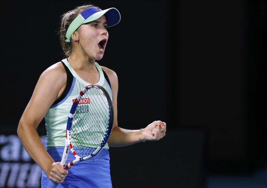 Sofia Kenin of the U.S. reacts after winning a point against Spain&#039;s Garbine Muguruza during the women&#039;s final at the Australian Open tennis championship in Melbourne, Australia, Saturday, F ...