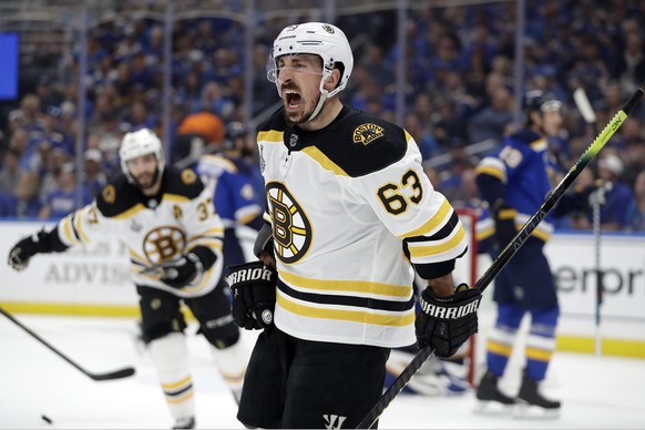 Boston Bruins left wing Brad Marchand (63) celebrates after scoring a goal against the St. Louis Blues during the first period of Game 6 of the NHL hockey Stanley Cup Final Sunday, June 9, 2019, in St ...