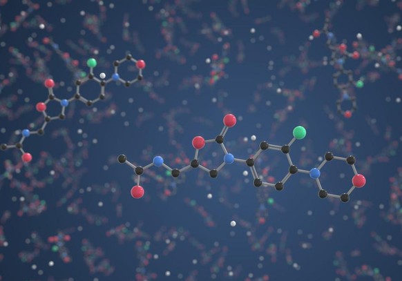 Linezolid-Molekül, molekulares Modell. Linezolid ist ein Antibiotikum.
