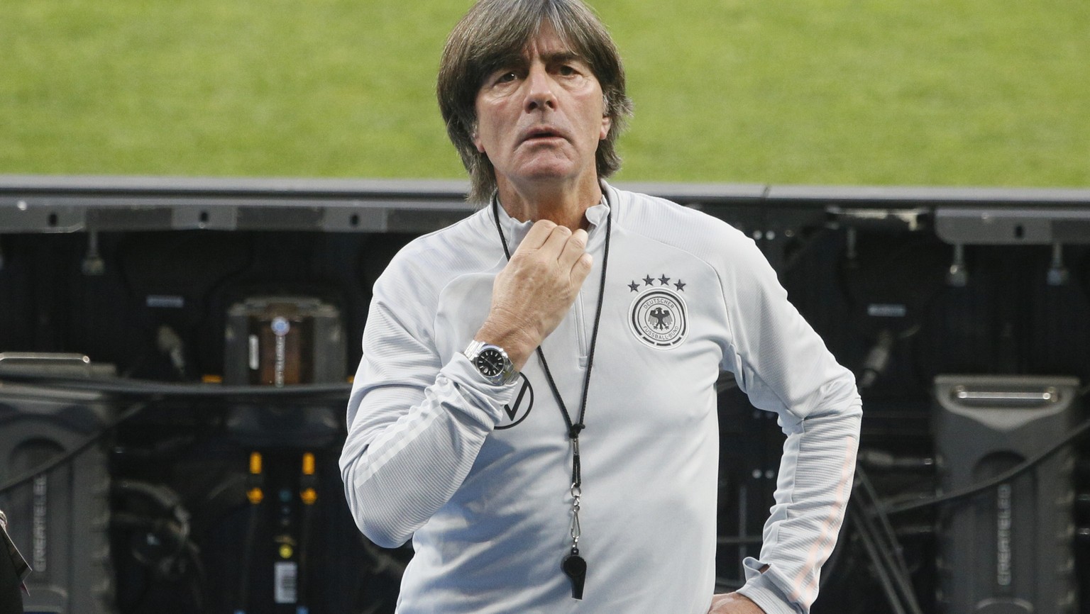 Germany&#039;s head coach Joachim Loew looks on during a training session at the Olimpiyskiy Stadium in Kyiv, Ukraine, Friday, Oct. 9, 2020. Ukraine will play a UEFA Nations League soccer match agains ...