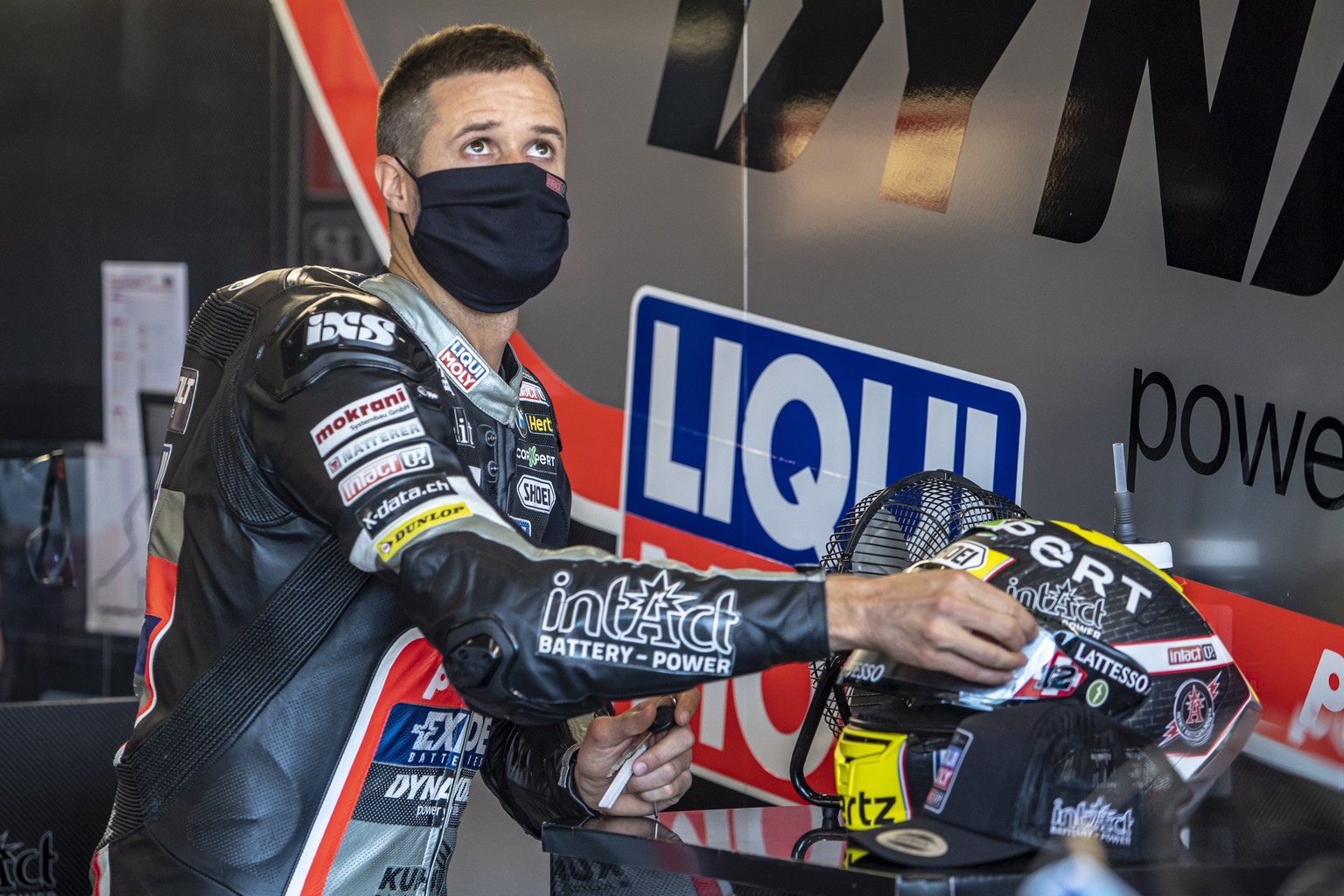 epa08591224 Swiss Moto2 rider Thomas Luethi of Liqui Moly Intact GP team before the free practice of the Motorcycling Grand Prix of the Czech Republic, 08 August 2020. The race will take place on 09 A ...