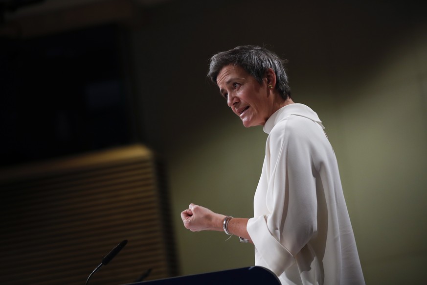 epa08966707 European Commissioner for A Europe Fit for the Digital Age Margrethe Vestager speaks during a news conference on European project in battery value chain at the European Commission headquar ...