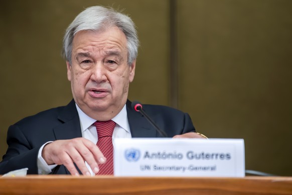 epa09167406 U.N. Secretary-General Antonio Guterres, speaks to the media, during a press conference about the end of a 5+1 Meeting on Cyprus, at the European headquarters of the United Nations in Gene ...