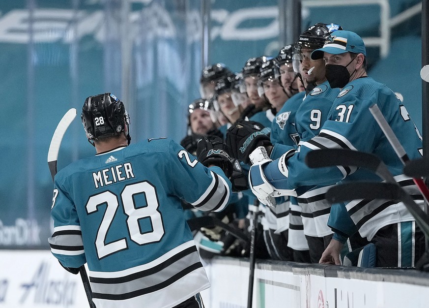 San Jose Sharks right wing Timo Meier (28) is congratulated after scoring a goal against the Los Angeles Kings during the third period of an NHL hockey game Saturday, April 10, 2021, in San Jose, Cali ...