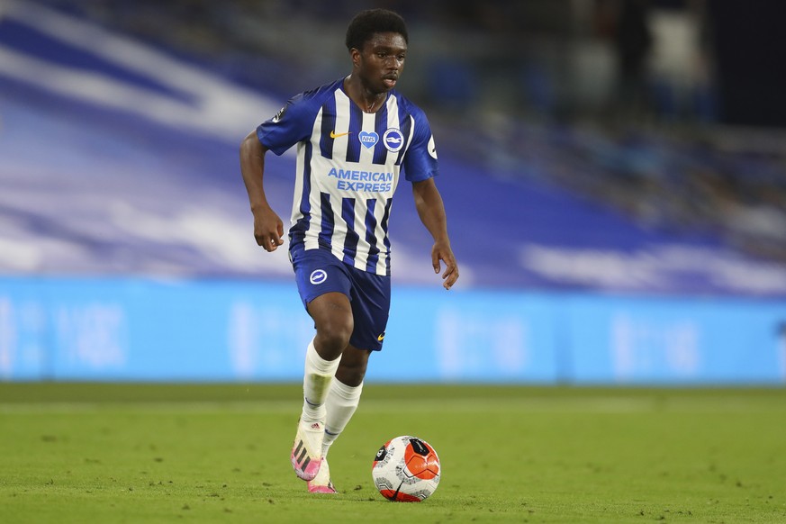 Brighton&#039;s Tariq Lamptey in action during the English Premier League soccer match between Brighton and Manchester City at the Falmer stadium in Brighton, England, Saturday, July 11, 2020. (Cath I ...