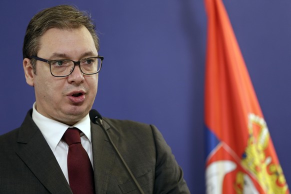epa08885673 Serbian President Aleksandar Vucic talks during the press conference with Russian Foreign Minister Sergei Lavrov (not pictured) during their press conference in Belgrade, Serbia, 15 Decemb ...