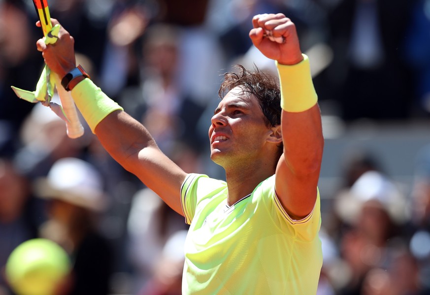 epa07632887 Rafael Nadal of Spain reacts after winning against Roger Federer of Switzerland their men’s semi final match during the French Open tennis tournament at Roland Garros in Paris, France, 07  ...